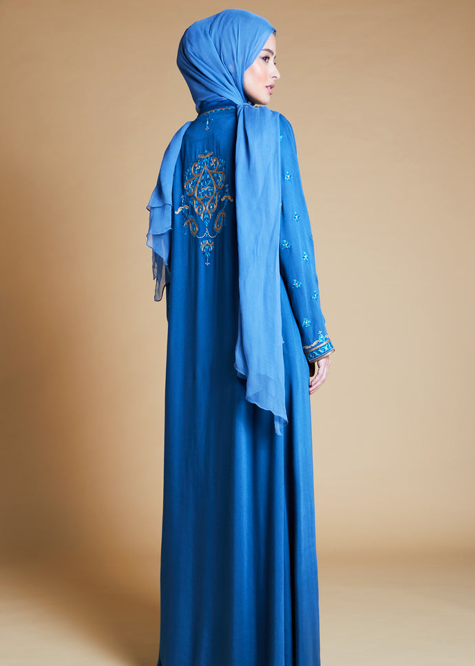 Damask Blue Long Jacket | Coats & Cover Ups | Aab Modest Wear