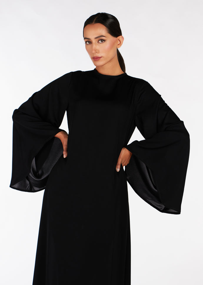 Flared Sleeve Maxi Black Satin