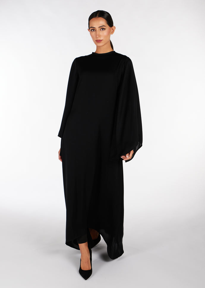 Flared Sleeve Maxi Black Satin